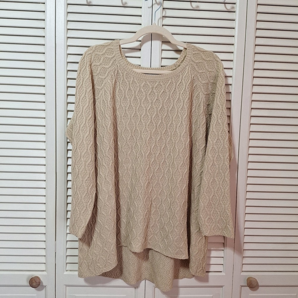 Kate & Mallory Womens 1X Pullover Sweater Tan Pointelle Hi Low‎ Hem Long Sleeve